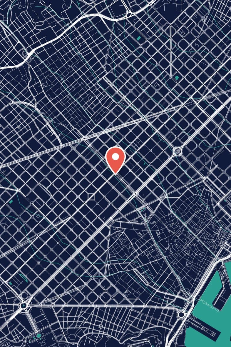 Barcelona's Eixample street grid drawn in white on navy, with the diagonal Avinguda Diagonal cutting across it.