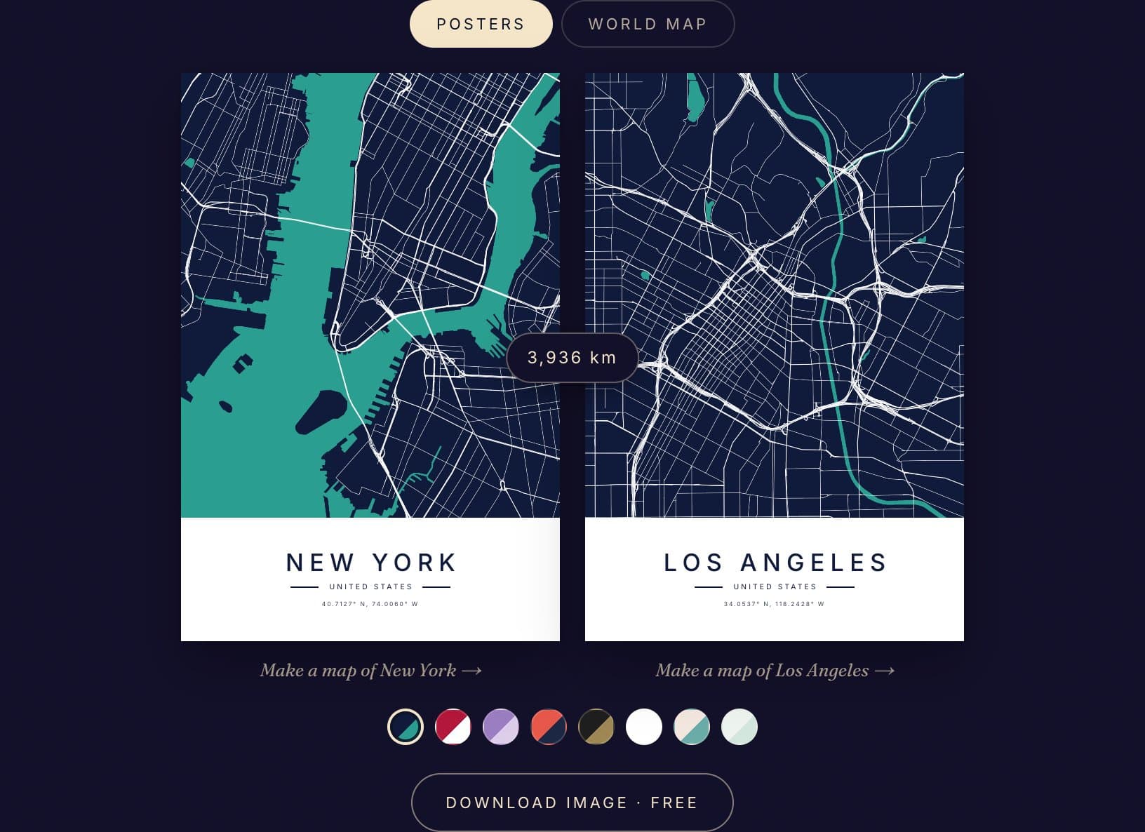 The distance tool showing two navy and teal city map posters, New York and Los Angeles, with 3,936 km between them and a free image download button below.
