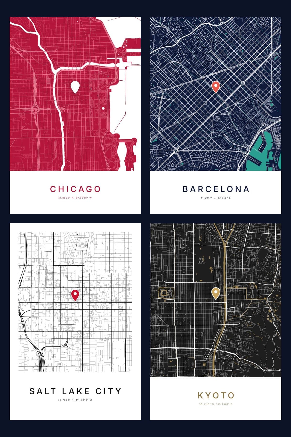 Four city map posters in a grid: Chicago in red, Barcelona in navy, Salt Lake City in black and white, and Kyoto in black and gold, each showing a street grid.