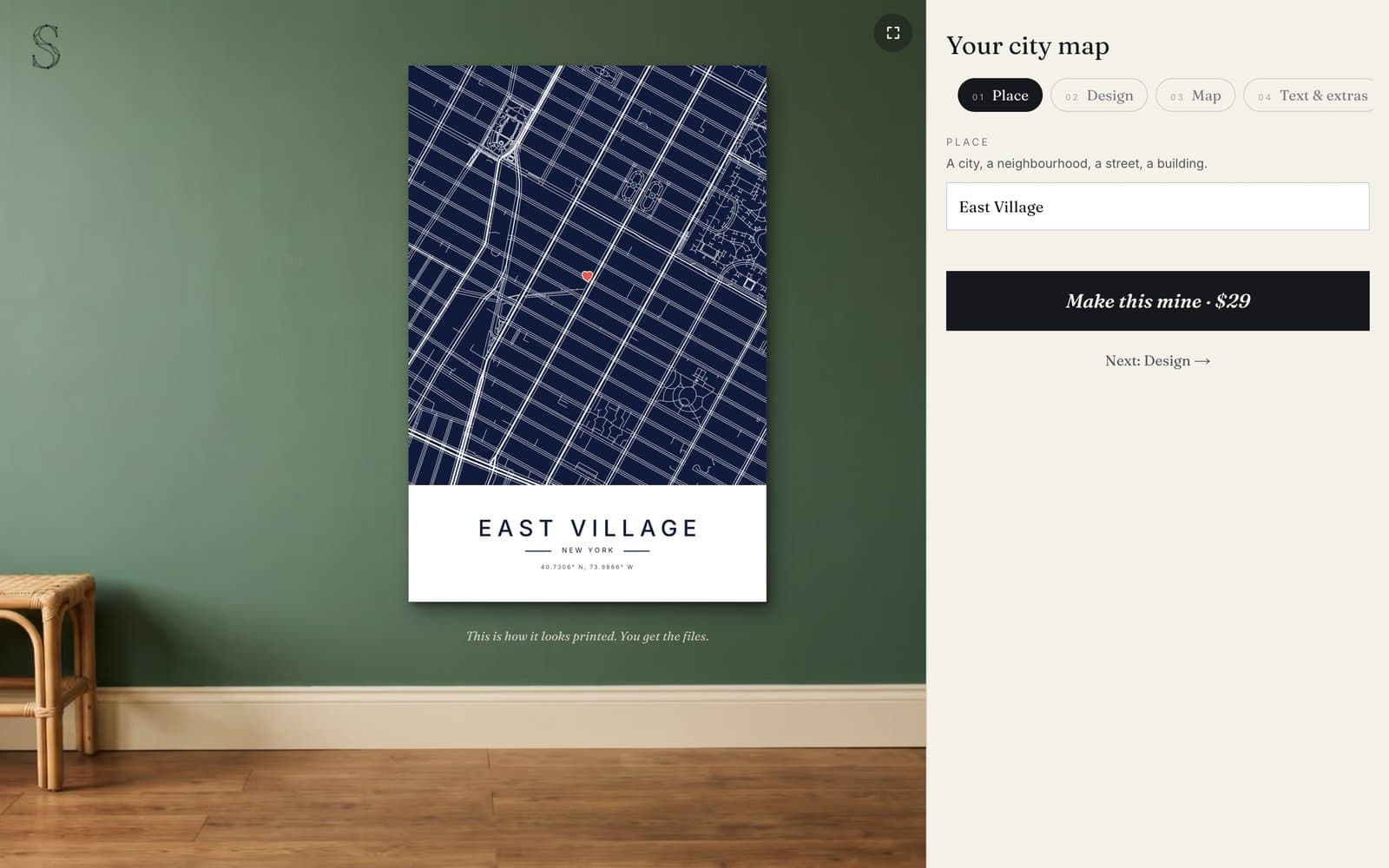 The city map maker's first step: an East Village, New York poster on a sage wall beside a place search box and a Make this mine, $29 button.