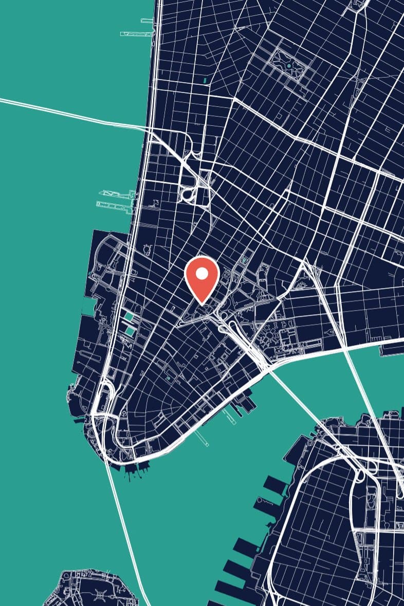 Lower Manhattan streets drawn in white on navy, surrounded by teal water, with a red pin downtown.