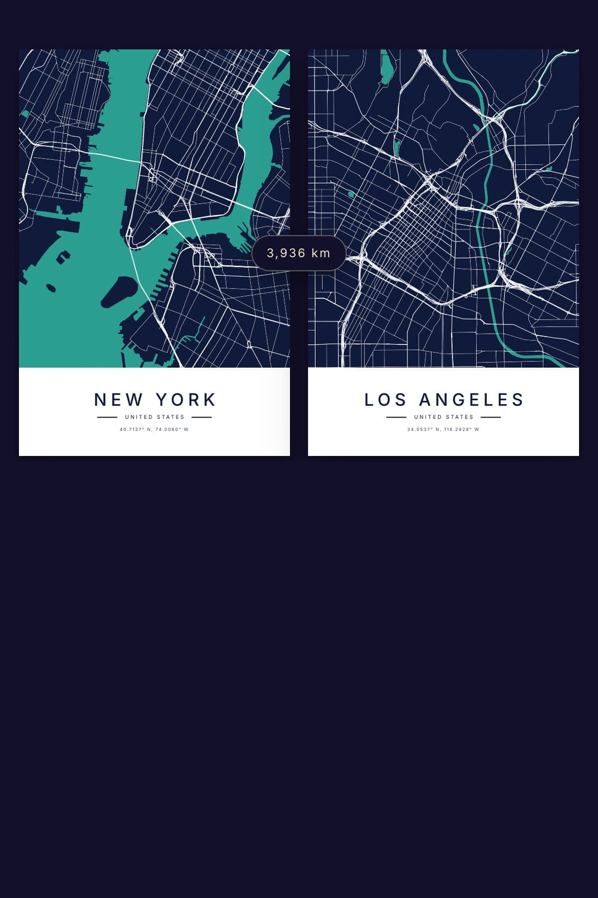 Two navy and teal city map posters side by side, New York and Los Angeles, with 3,936 km marked between them.