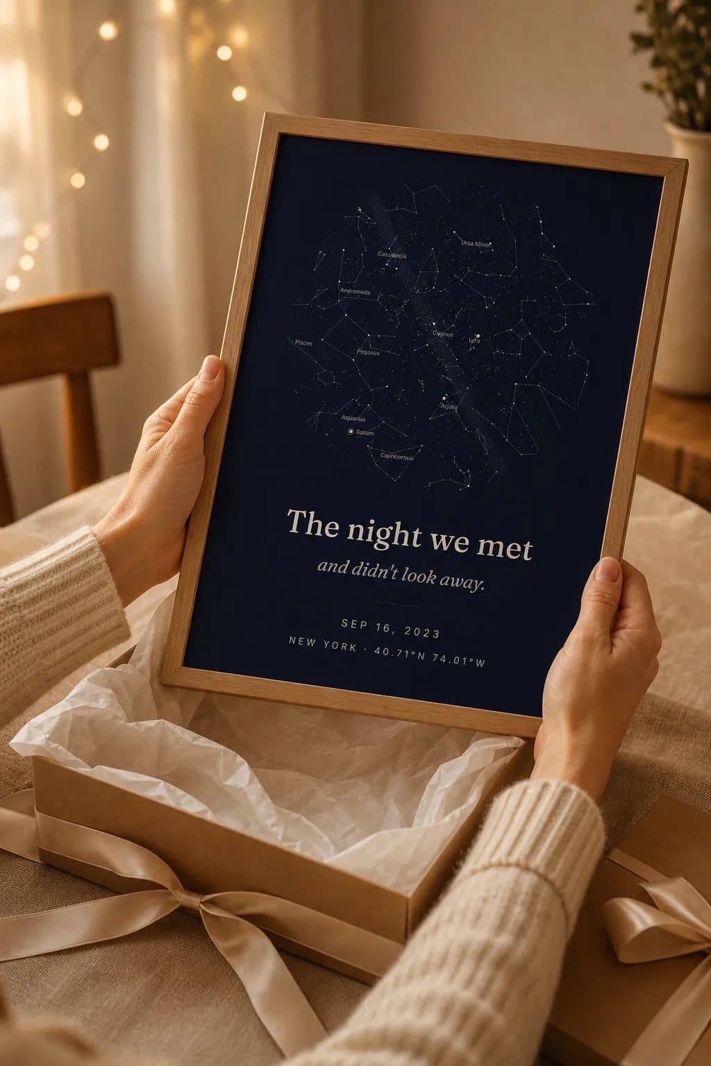Hands lifting a framed navy star map titled The night we met out of a gift box lined with tissue paper.