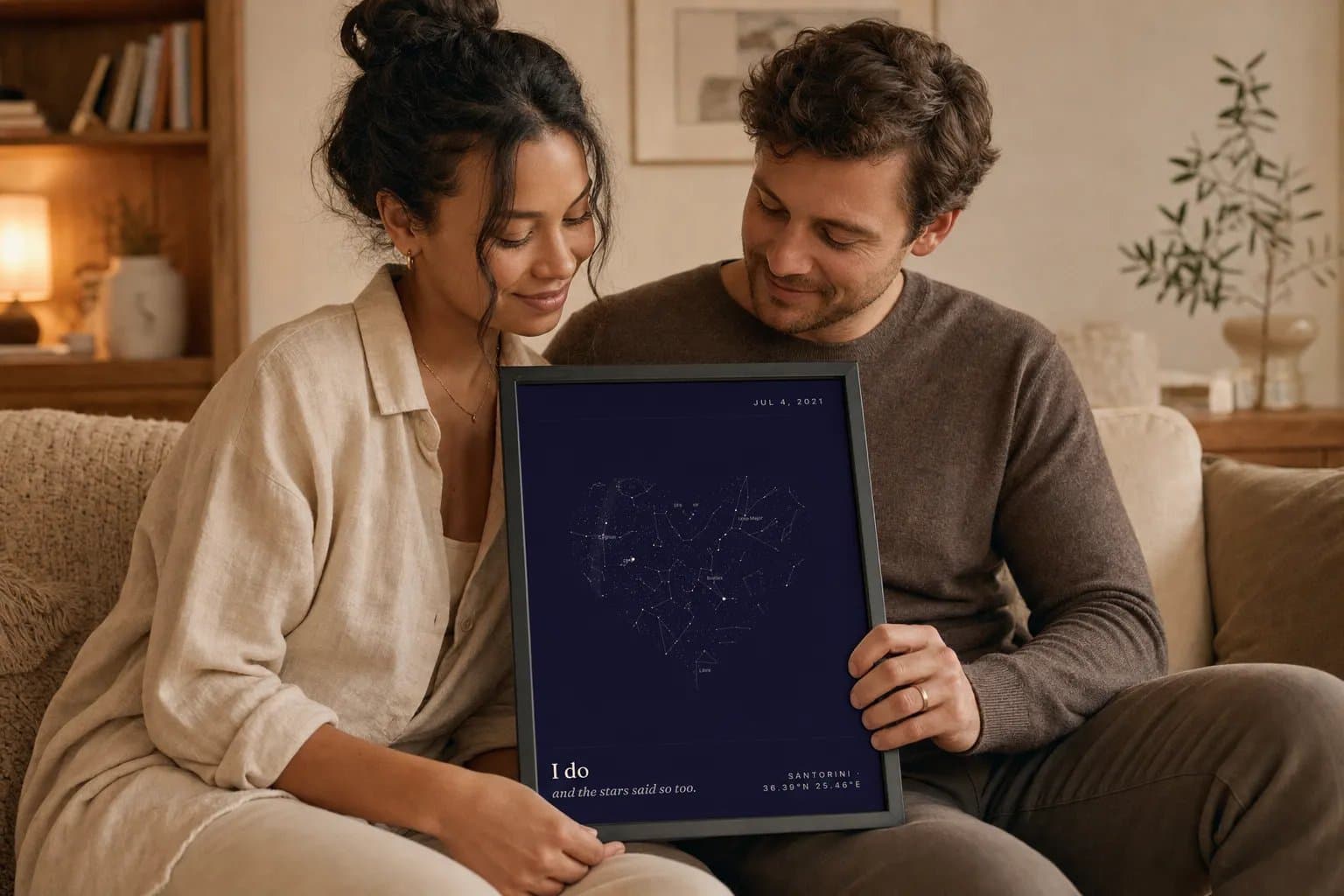 A smiling couple on a sofa holding a framed navy star map with a heart-shaped sky between them.