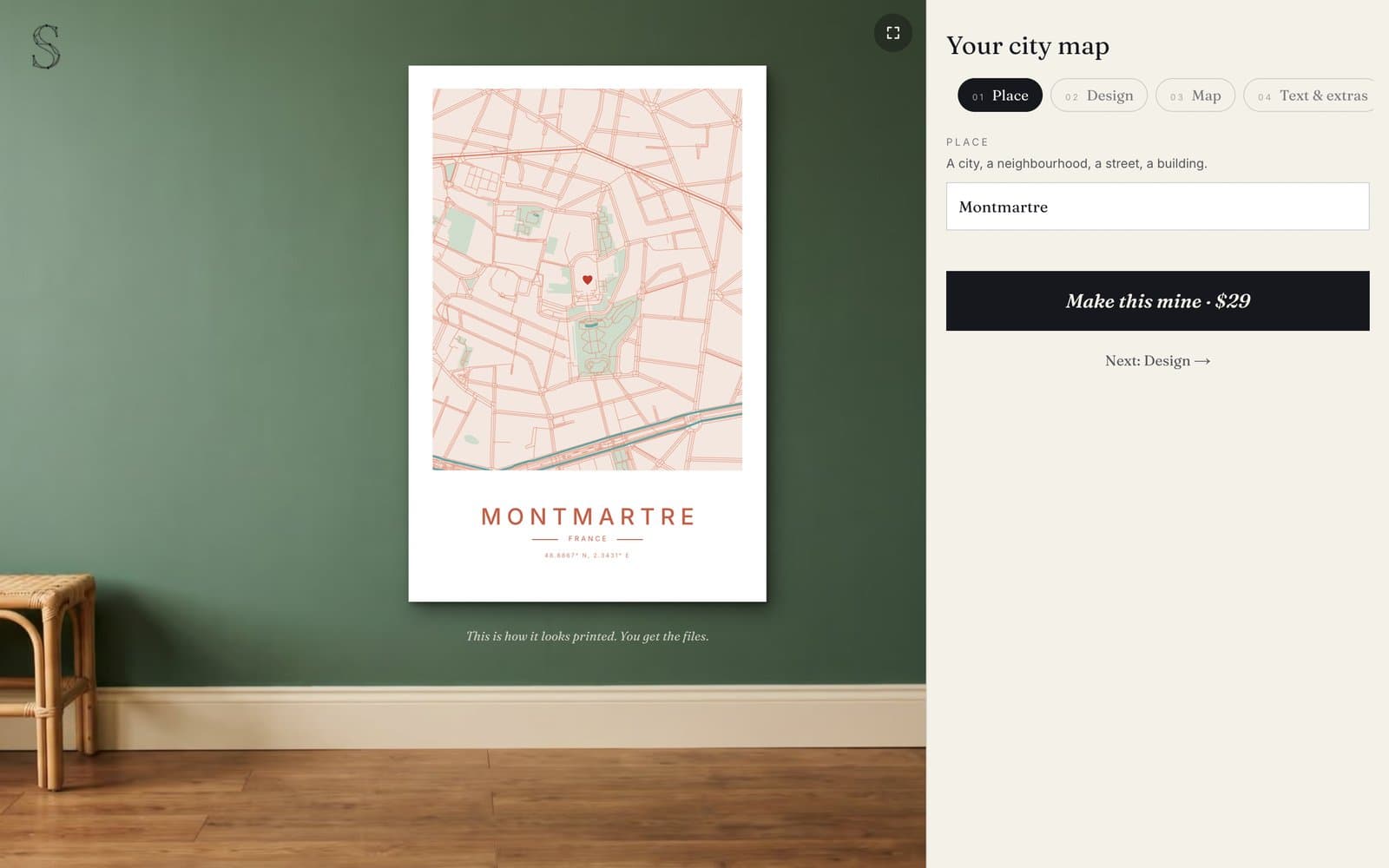 The SkyWhen city map maker on a computer: a Montmartre poster with a heart hanging on a sage wall, beside the place search and the Make this mine button.