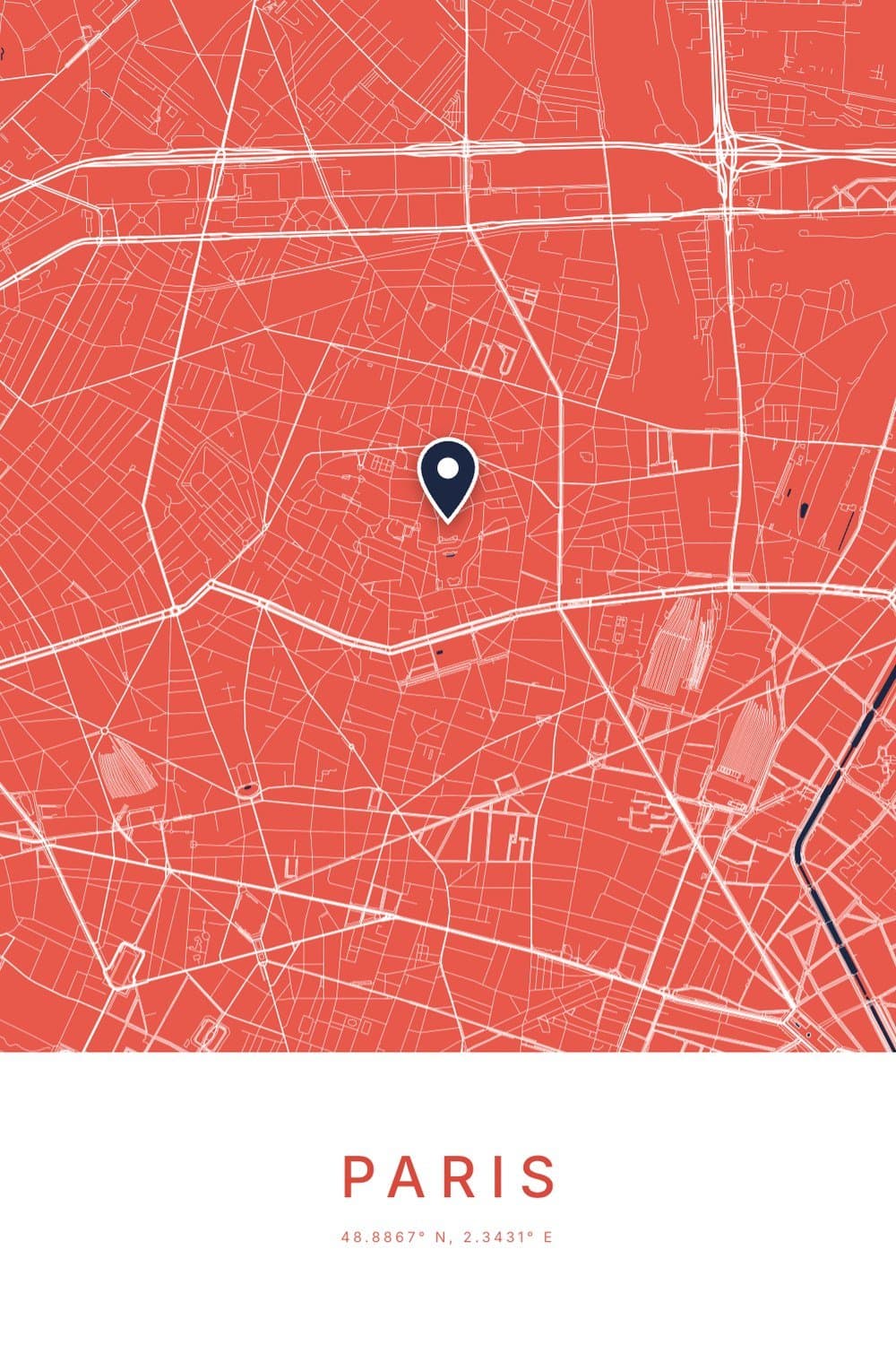 A coral and navy city map poster of the streets of Montmartre in Paris with a pin, and PARIS with its coordinates beneath.