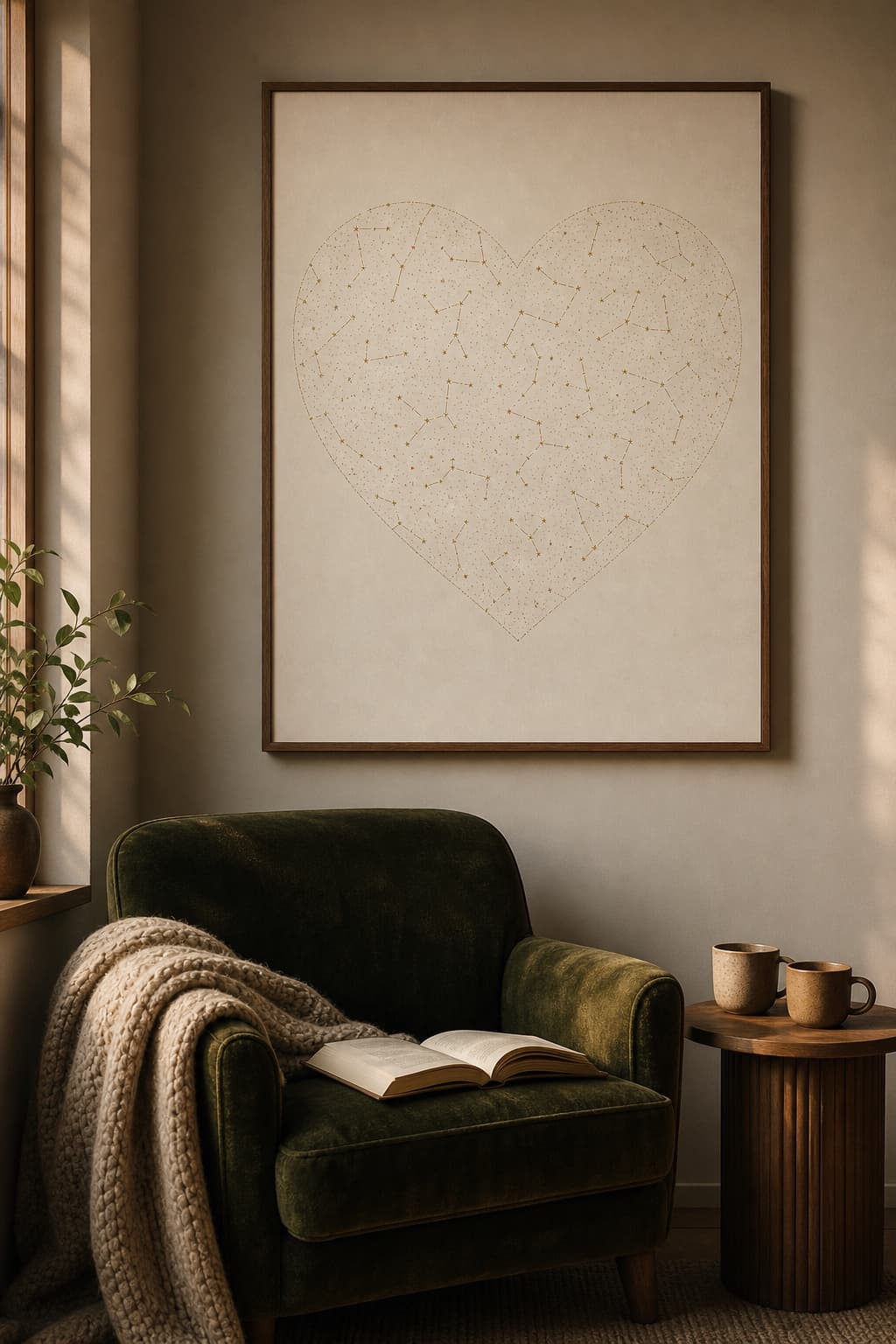 A heart-shaped star map poster above a softly lit reading nook.
