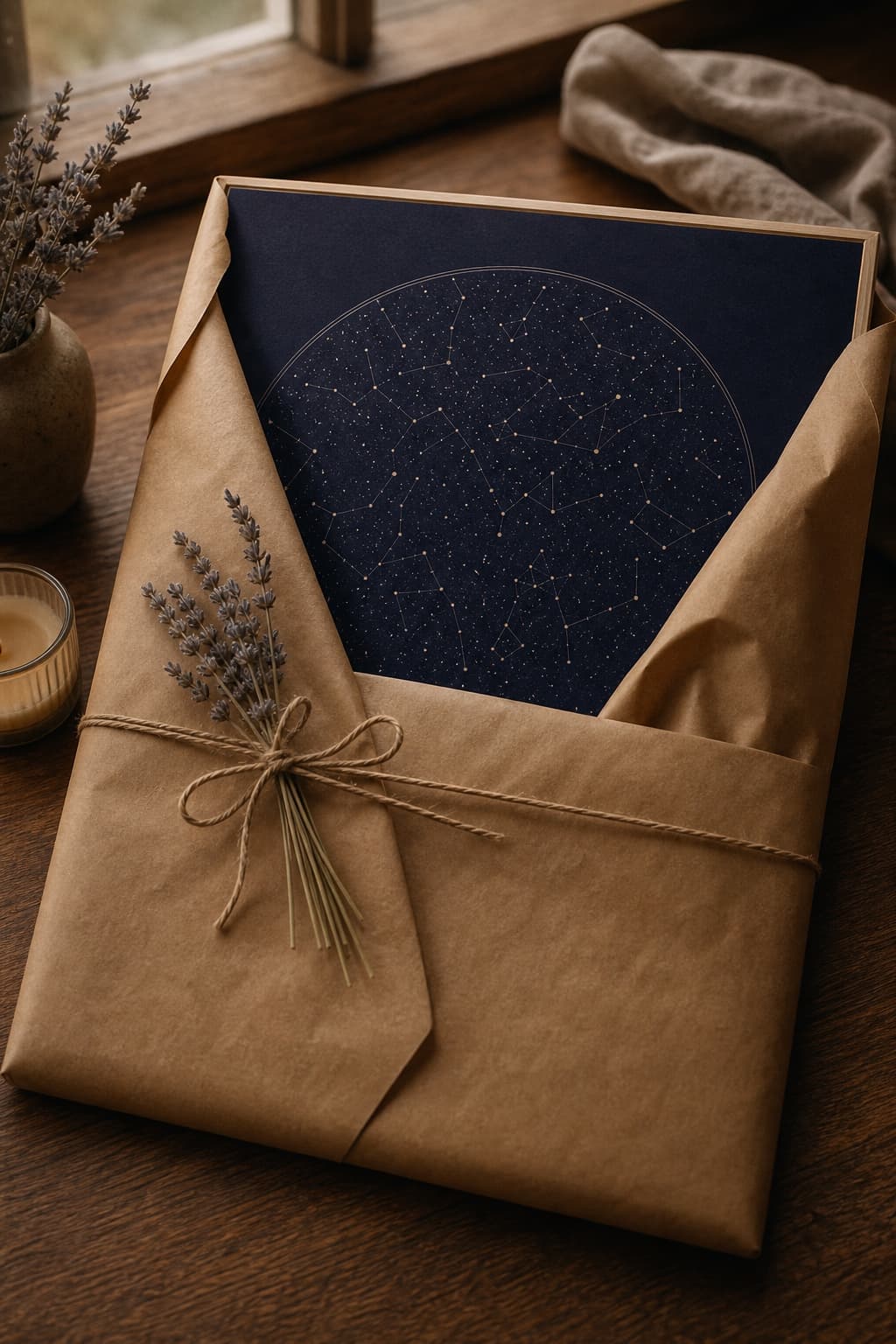 A wrapped violet circular star map poster on a wooden surface beside dried flowers.