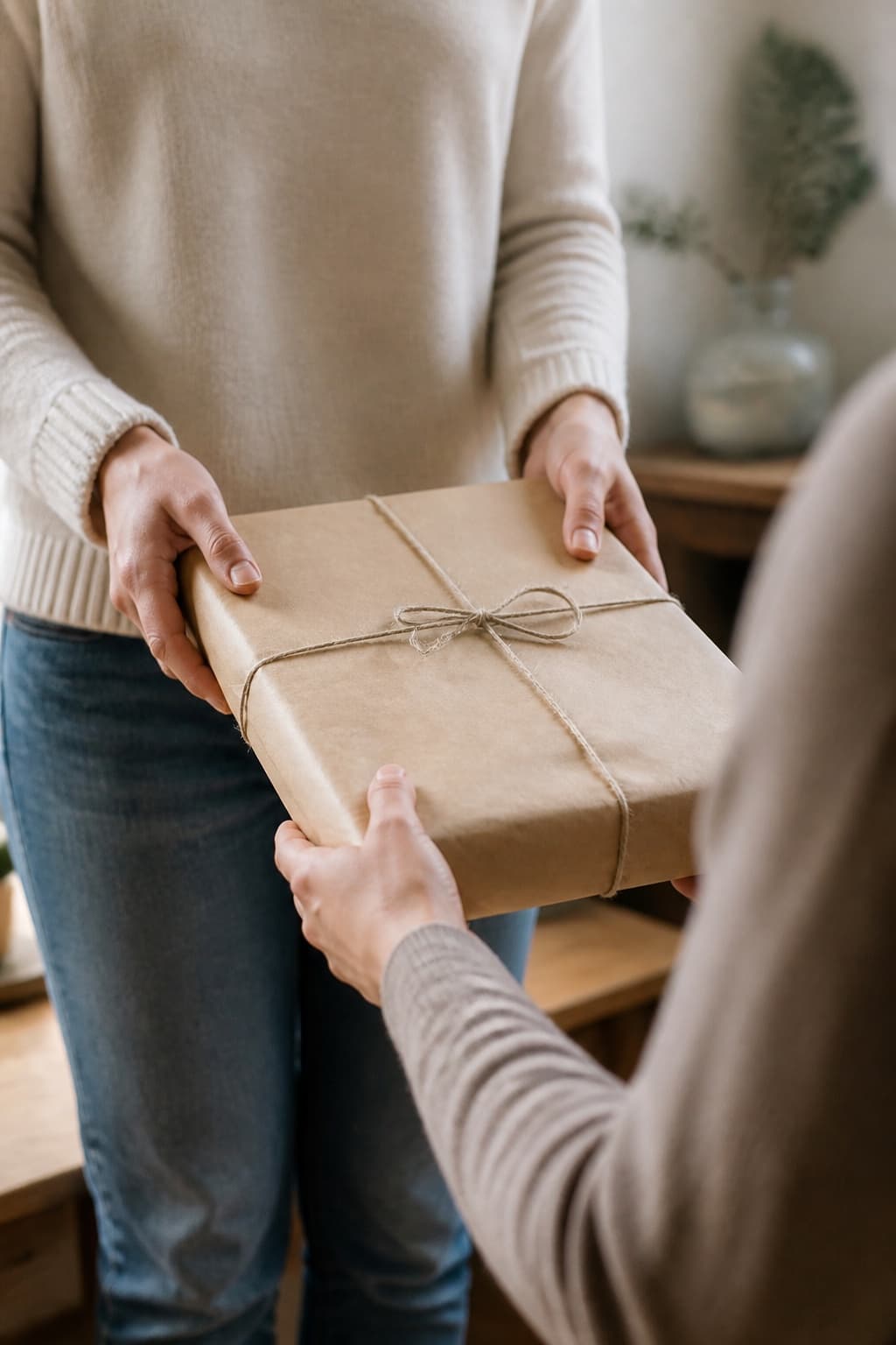 One person handing a brown paper parcel tied with string to another.