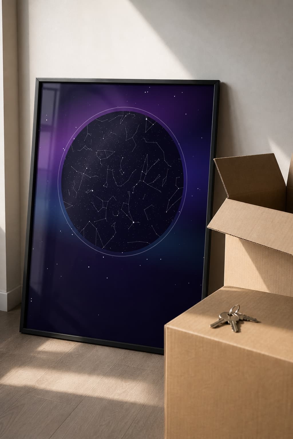 A framed violet star map leaning against a bare wall beside moving boxes, with a set of keys on top.