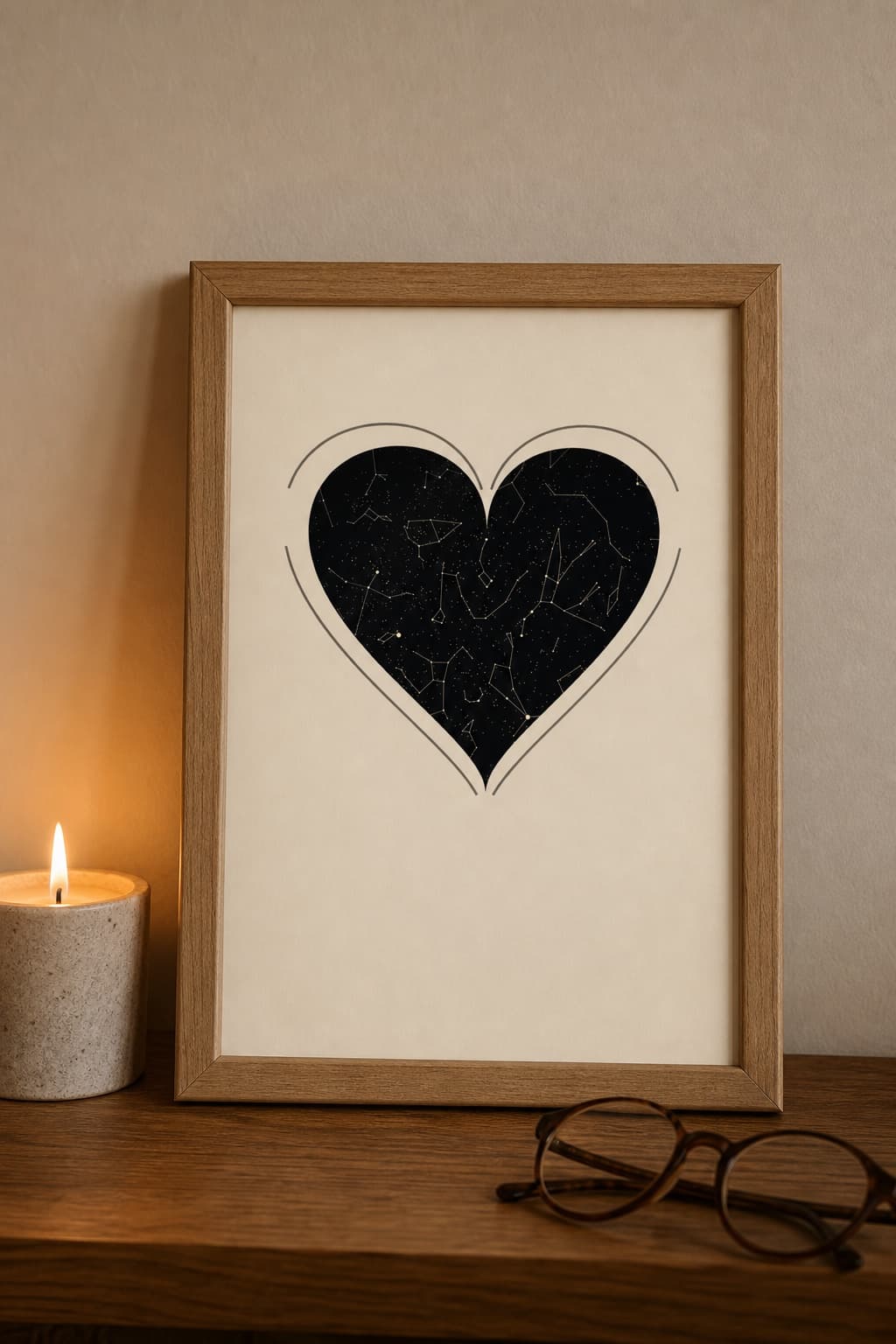 A heart-shaped star map on cream paper in a wooden frame on a shelf, beside a lit candle and a pair of reading glasses.