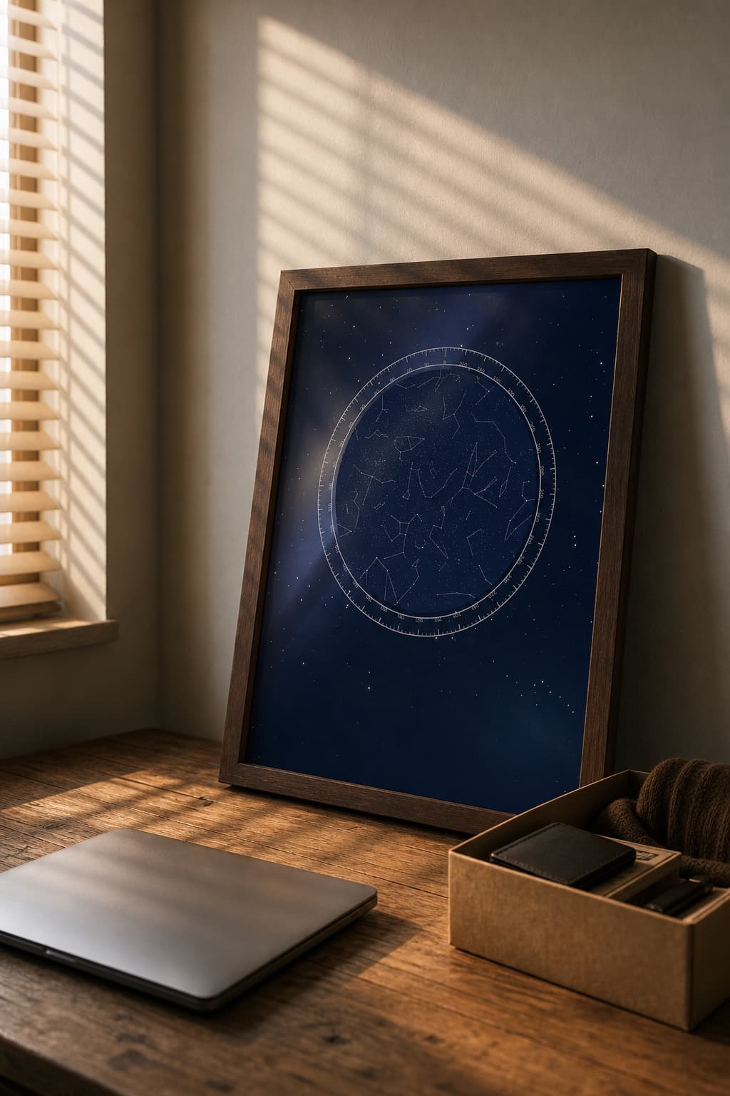 A deep navy star map with a compass ring, framed and leaning on a desk beside a laptop and a gift box.