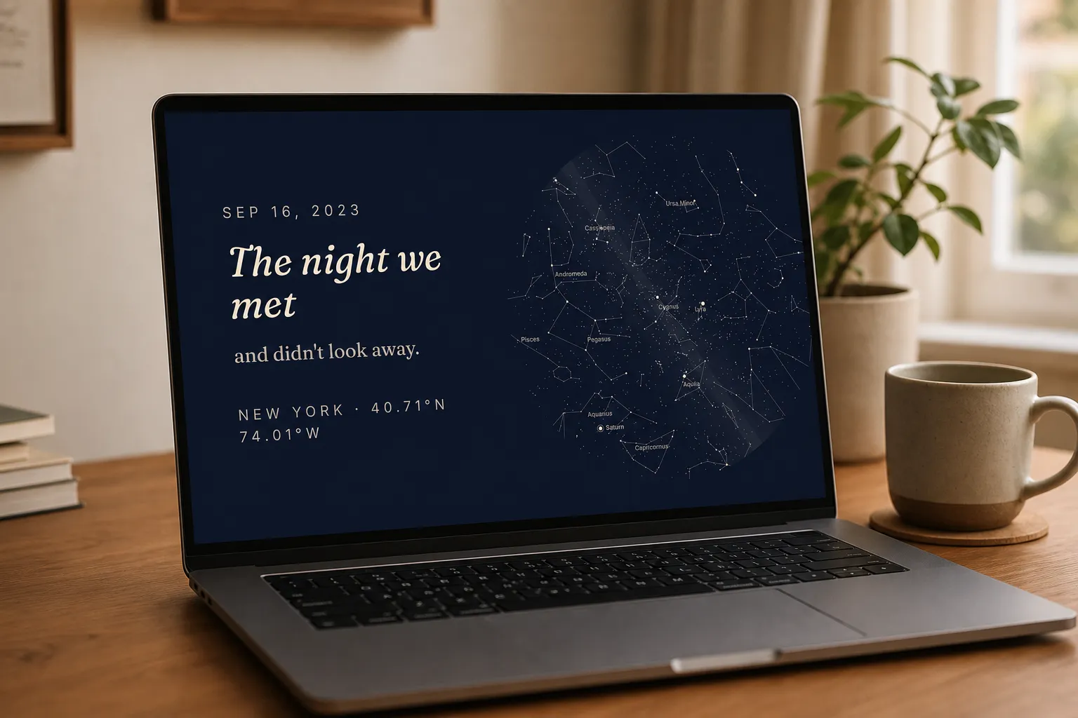 A laptop on a desk showing a SkyWhen star map desktop wallpaper