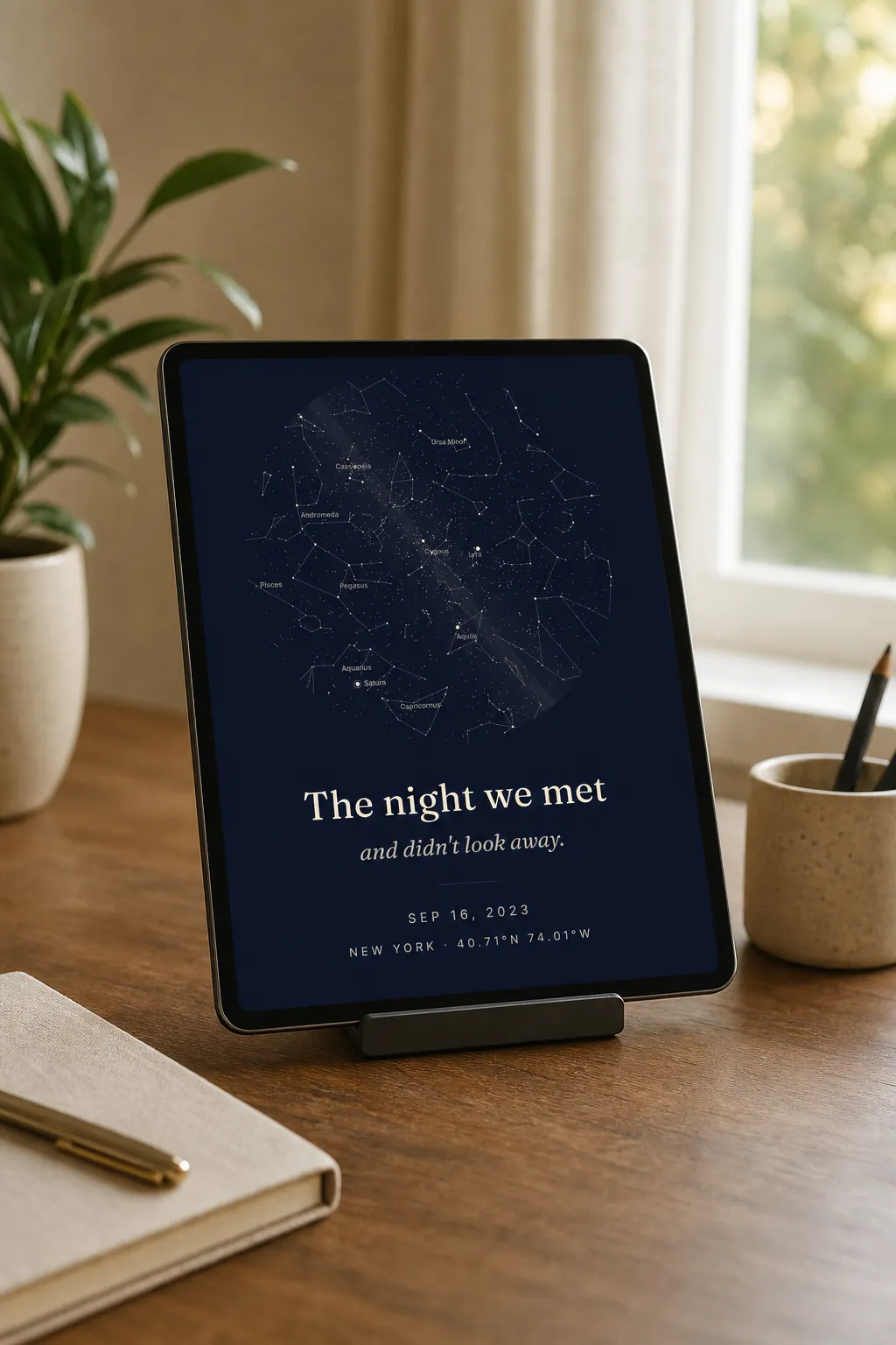 A tablet on a stand showing a SkyWhen star map wallpaper