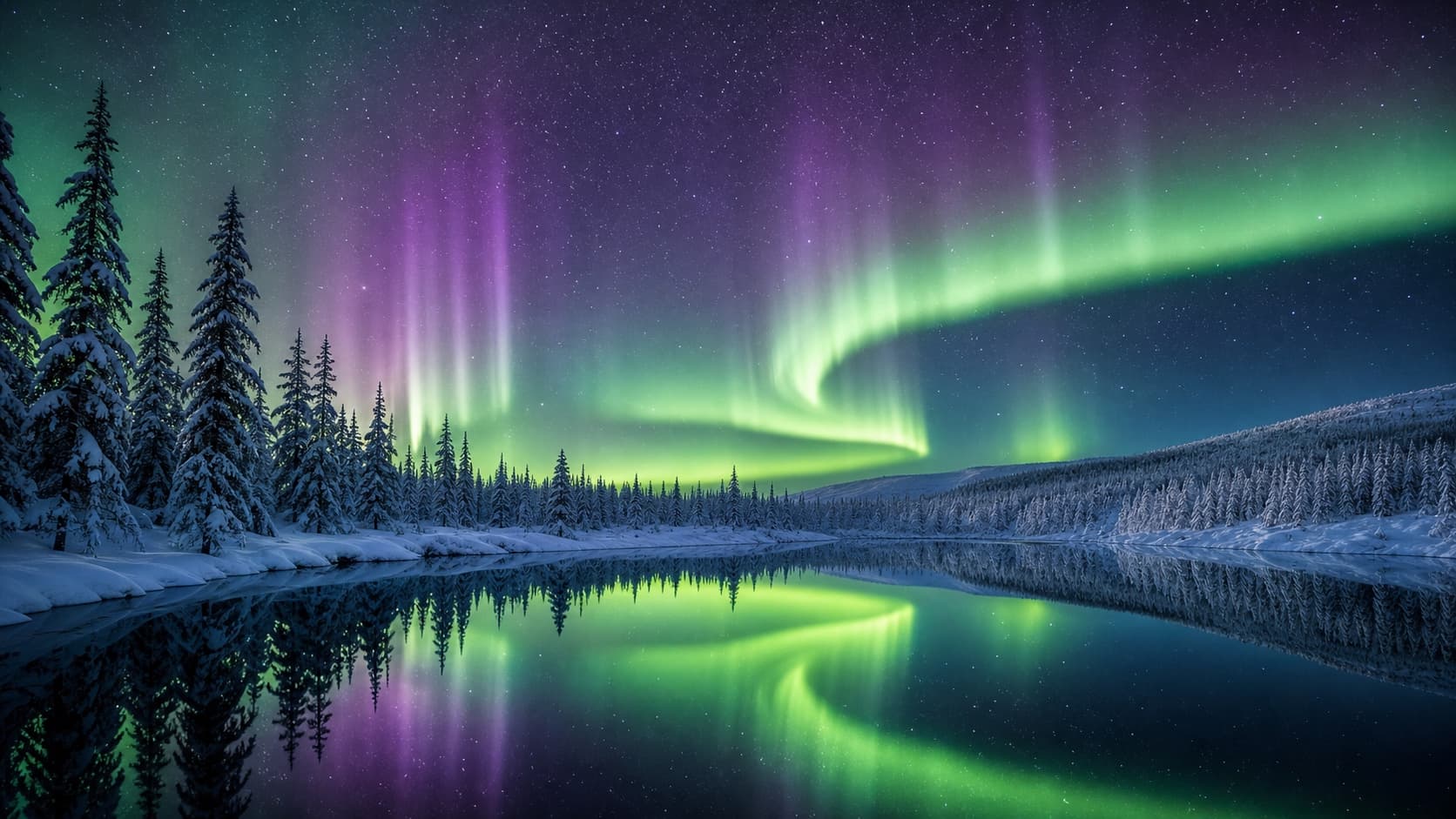 Green northern lights shimmering above a frozen lake under a starry sky.
