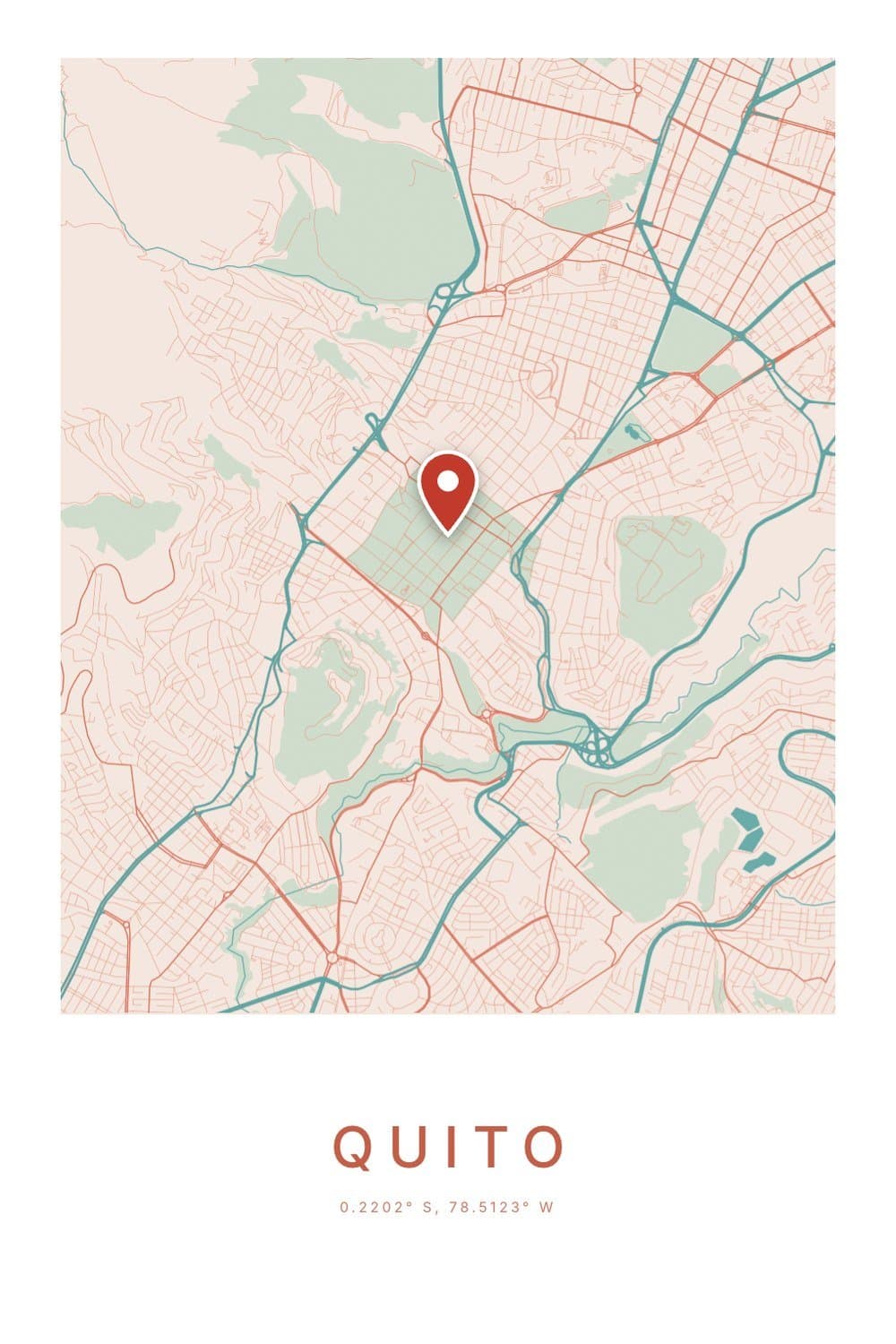 A peach and teal city map poster of central Quito with a red pin on the historic centre and 0.2202° S, 78.5123° W printed beneath.