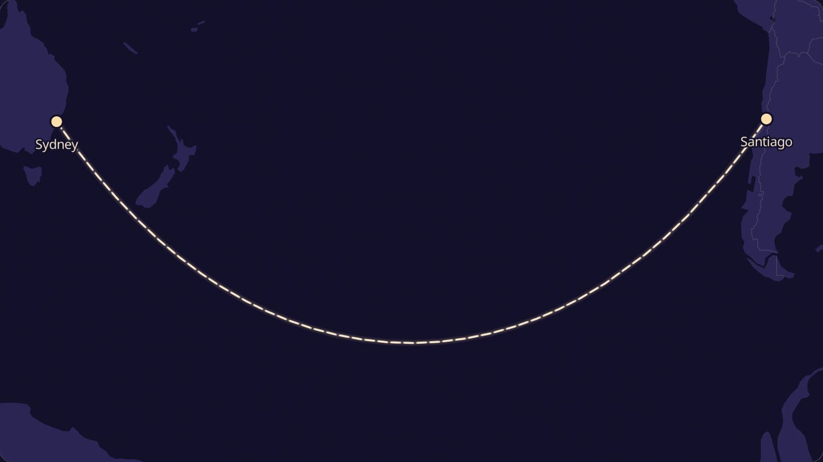 A dark world map of the South Pacific with a dashed route curving down from Sydney, south of New Zealand, and back up to Santiago in Chile.