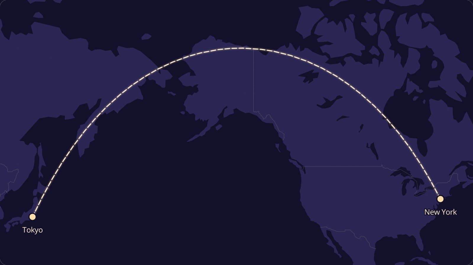 A dark world map with a dashed route arching from Tokyo north over the Bering Sea and Alaska, then down across Canada to New York.