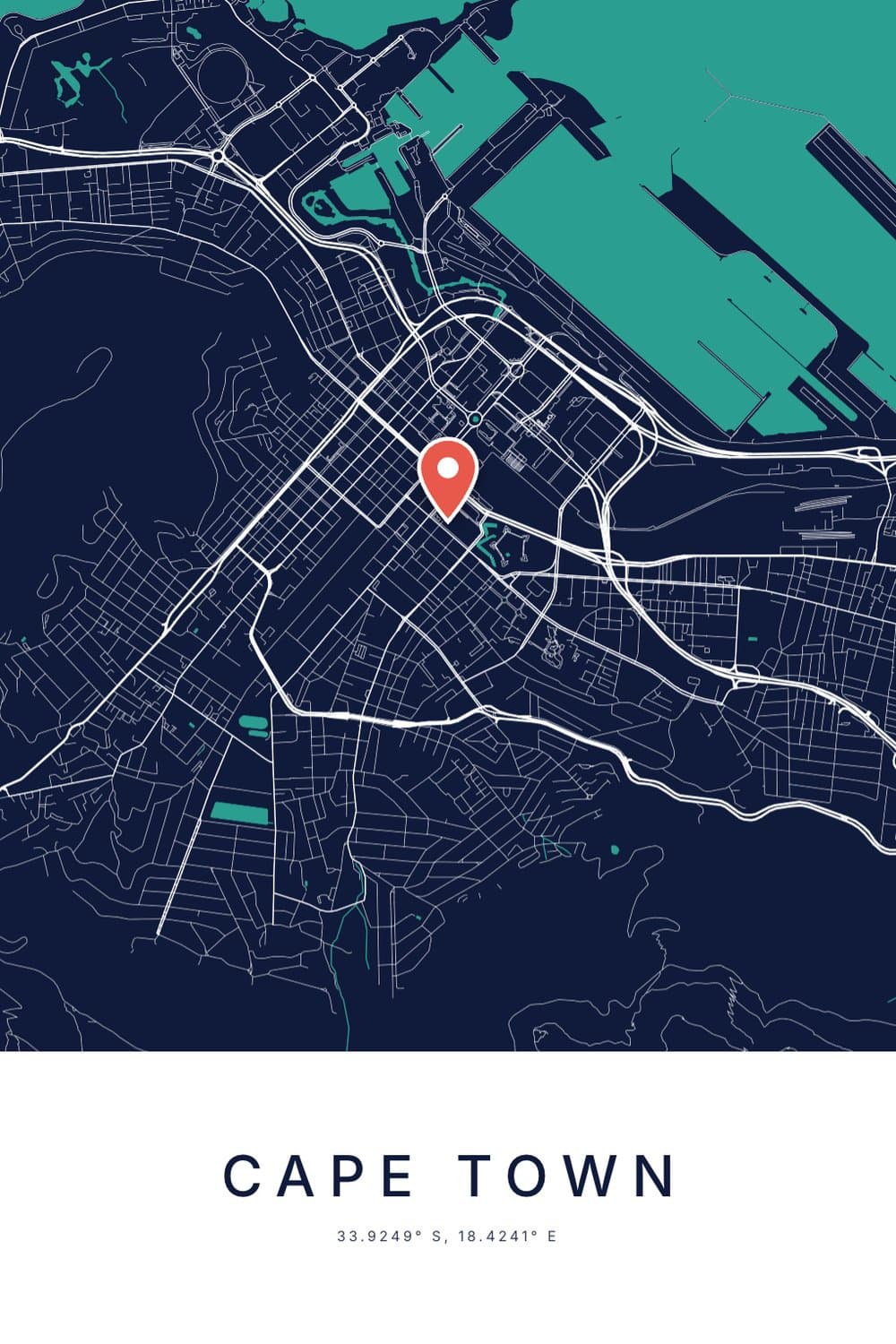 A navy and teal city map poster of central Cape Town and its harbour with a red pin, and CAPE TOWN with its coordinates beneath.