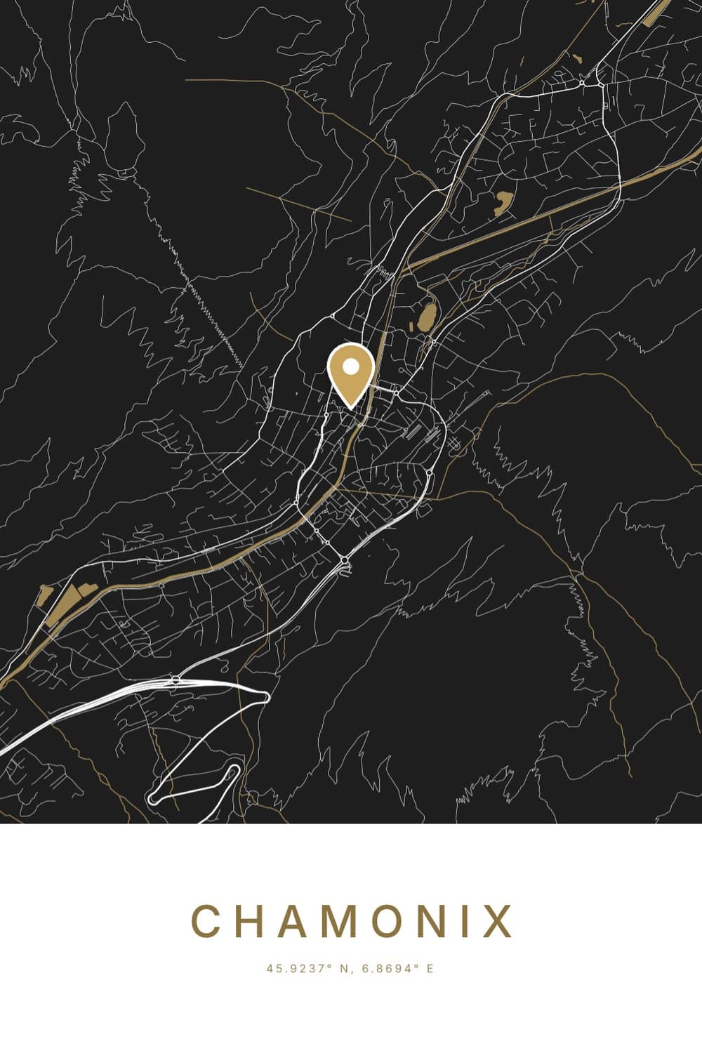 A black and gold city map poster of Chamonix in its valley with a gold pin, and CHAMONIX with its coordinates beneath.