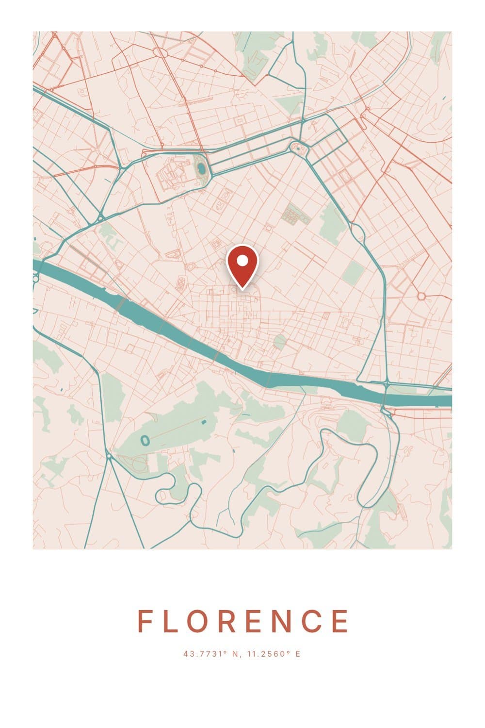 A peach and teal city map poster of central Florence with the River Arno, a red pin near the cathedral, and FLORENCE with its coordinates beneath.