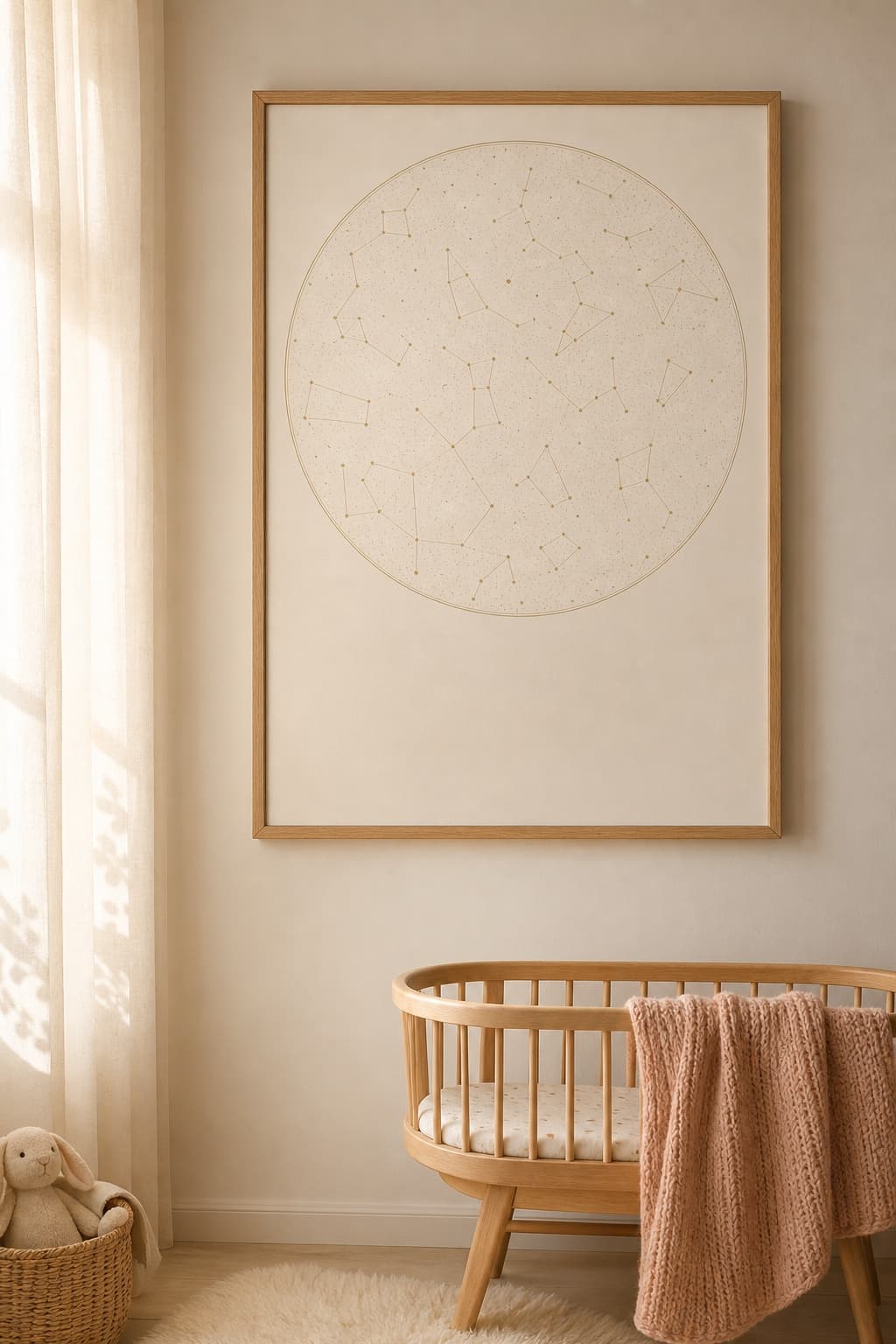 A cream-toned circular star map above a softly lit nursery bookshelf.
