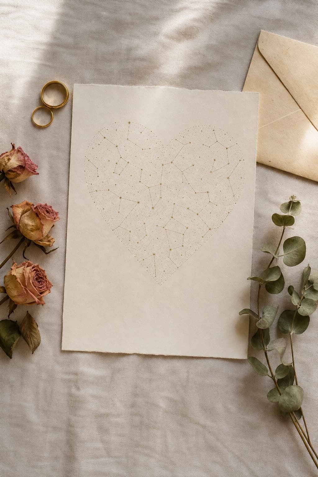 A heart-shaped star map poster on linen, surrounded by wedding rings, dried roses, and eucalyptus.