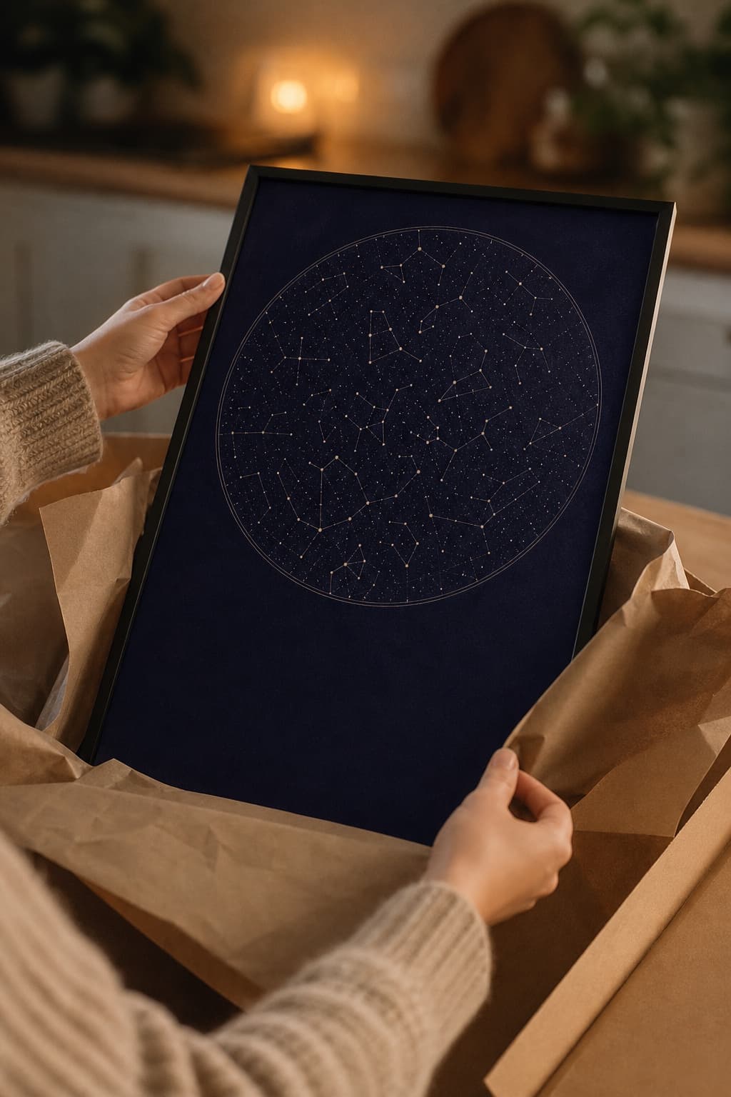 A violet circular star map being unwrapped on a softly lit table.