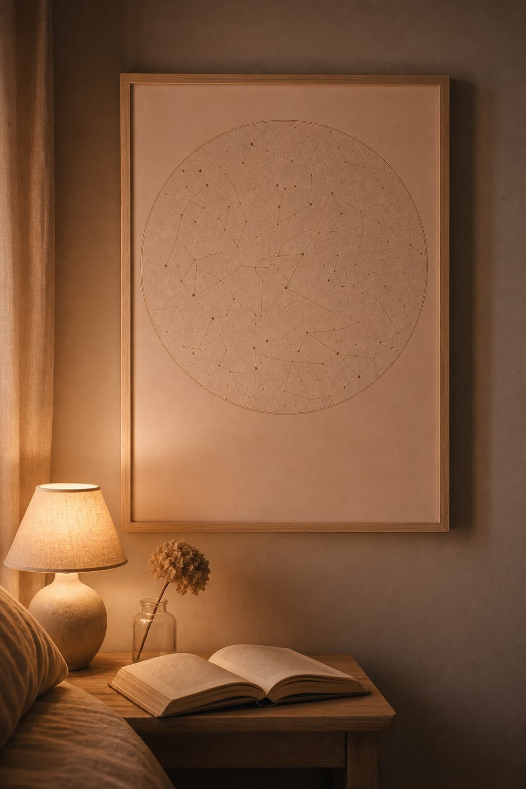 A peach-toned circular star map poster on a bedside table next to a soft lamp.