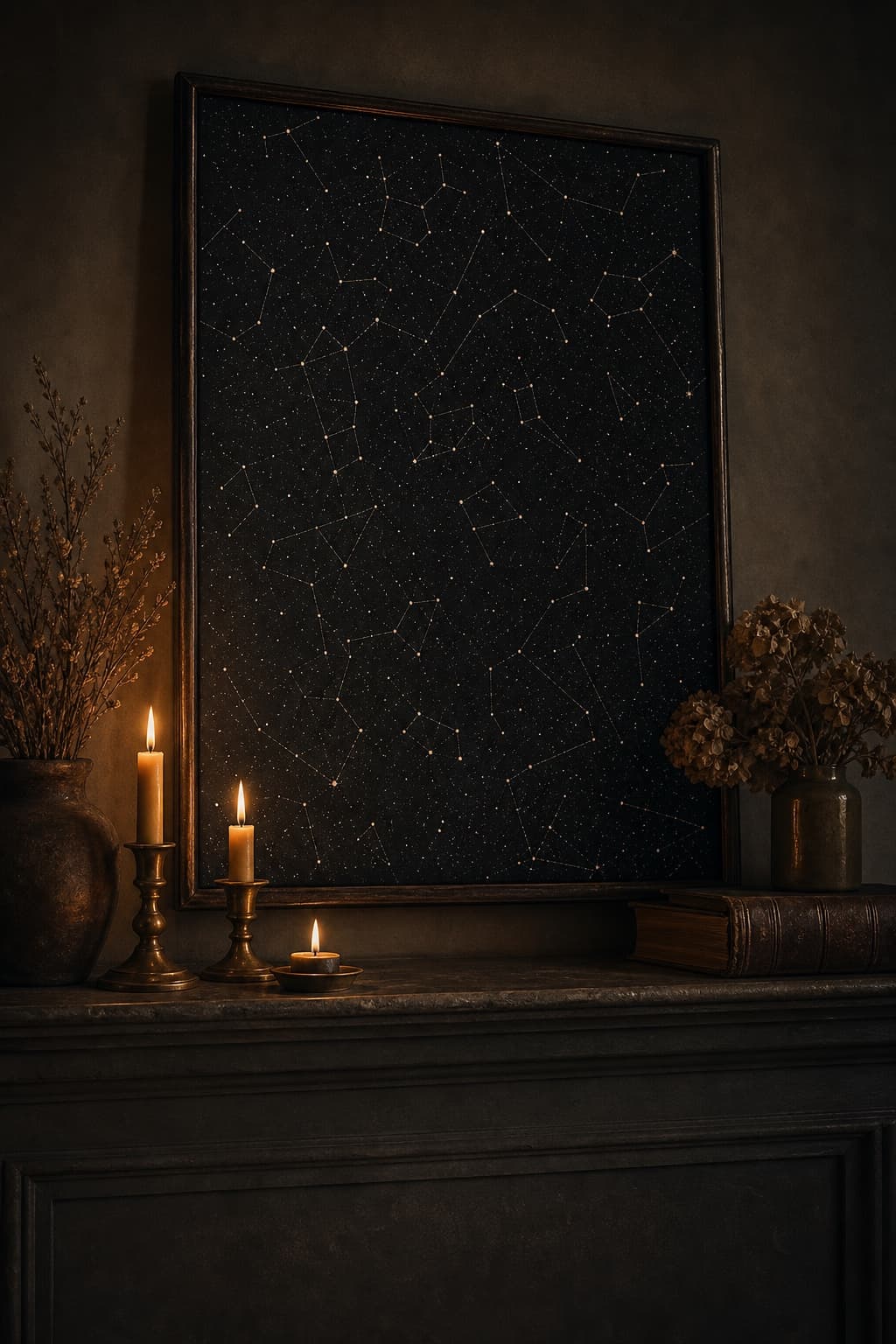 A black full-canvas star map poster hanging above a softly lit mantle.