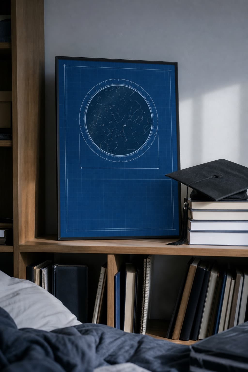 A cyanotype blue star map framed on a shelf, next to a graduation cap resting on a stack of books.