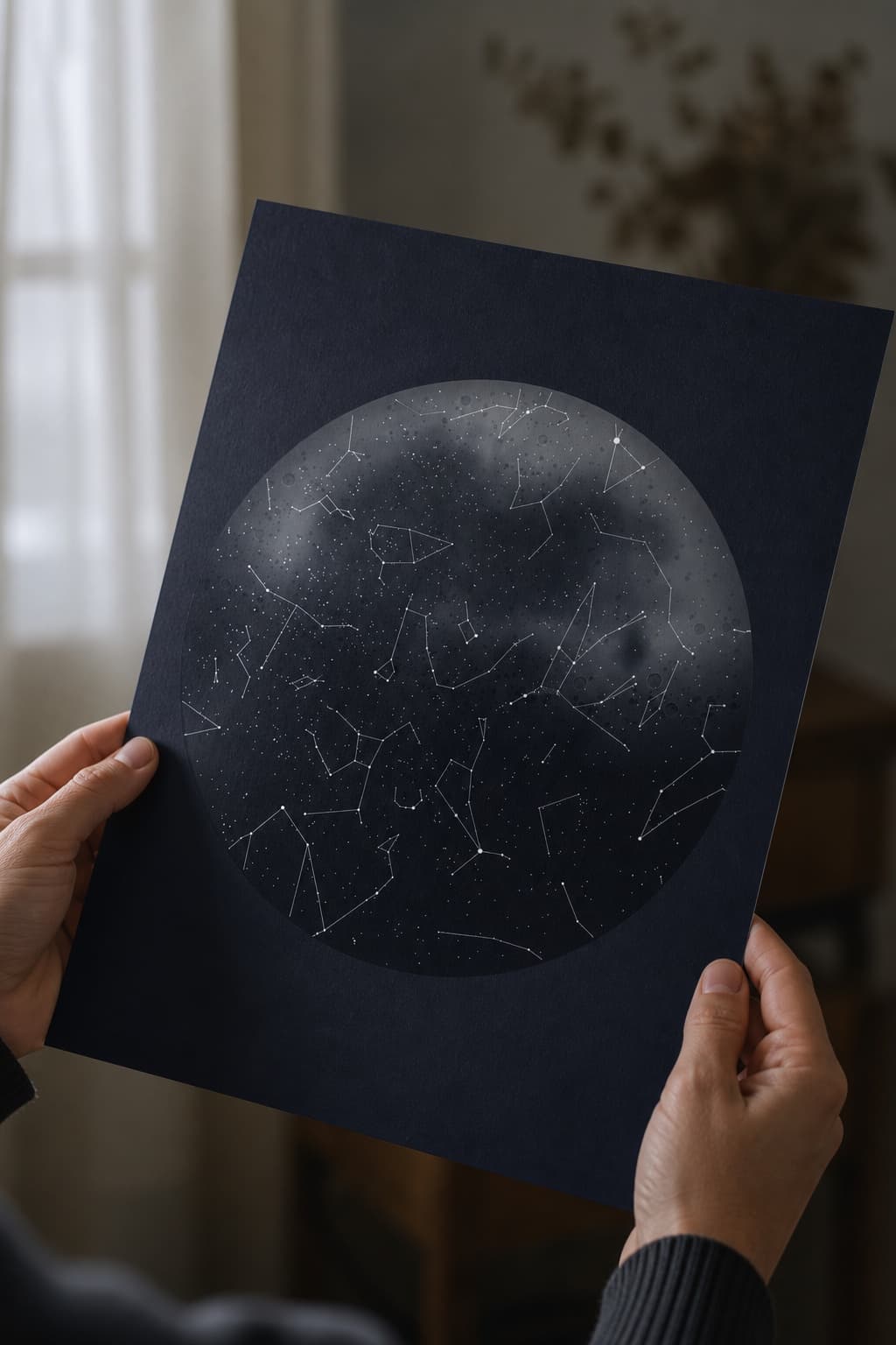 Hands holding a star map printed across the face of the moon.