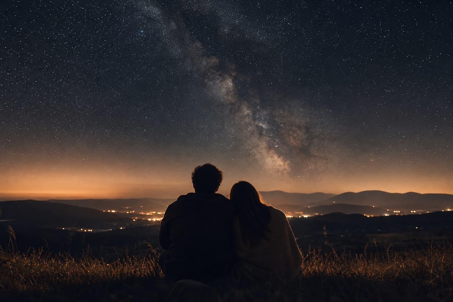 Two people lying on a blanket under a starry sky