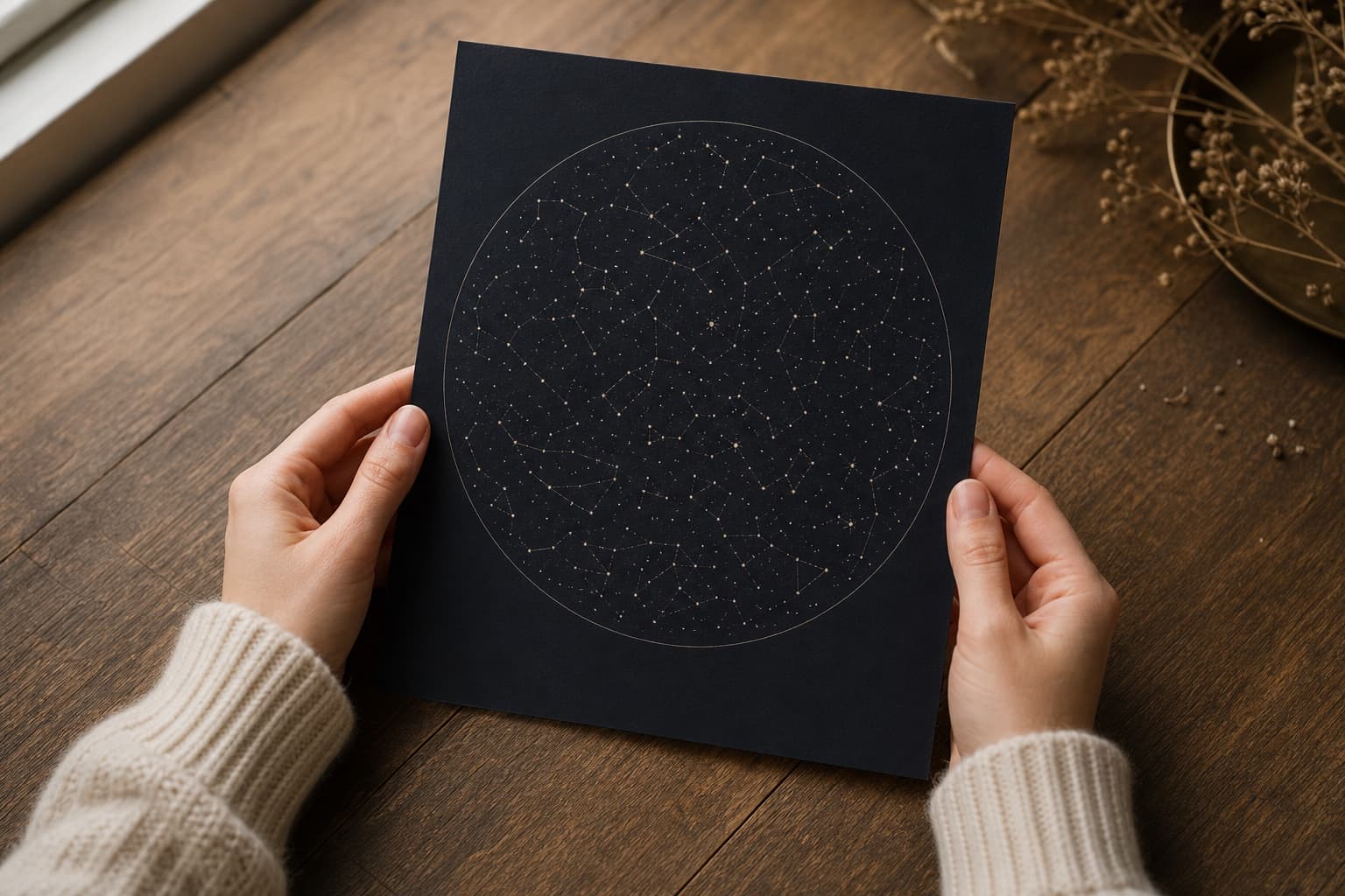 Hands holding a framed star map print
