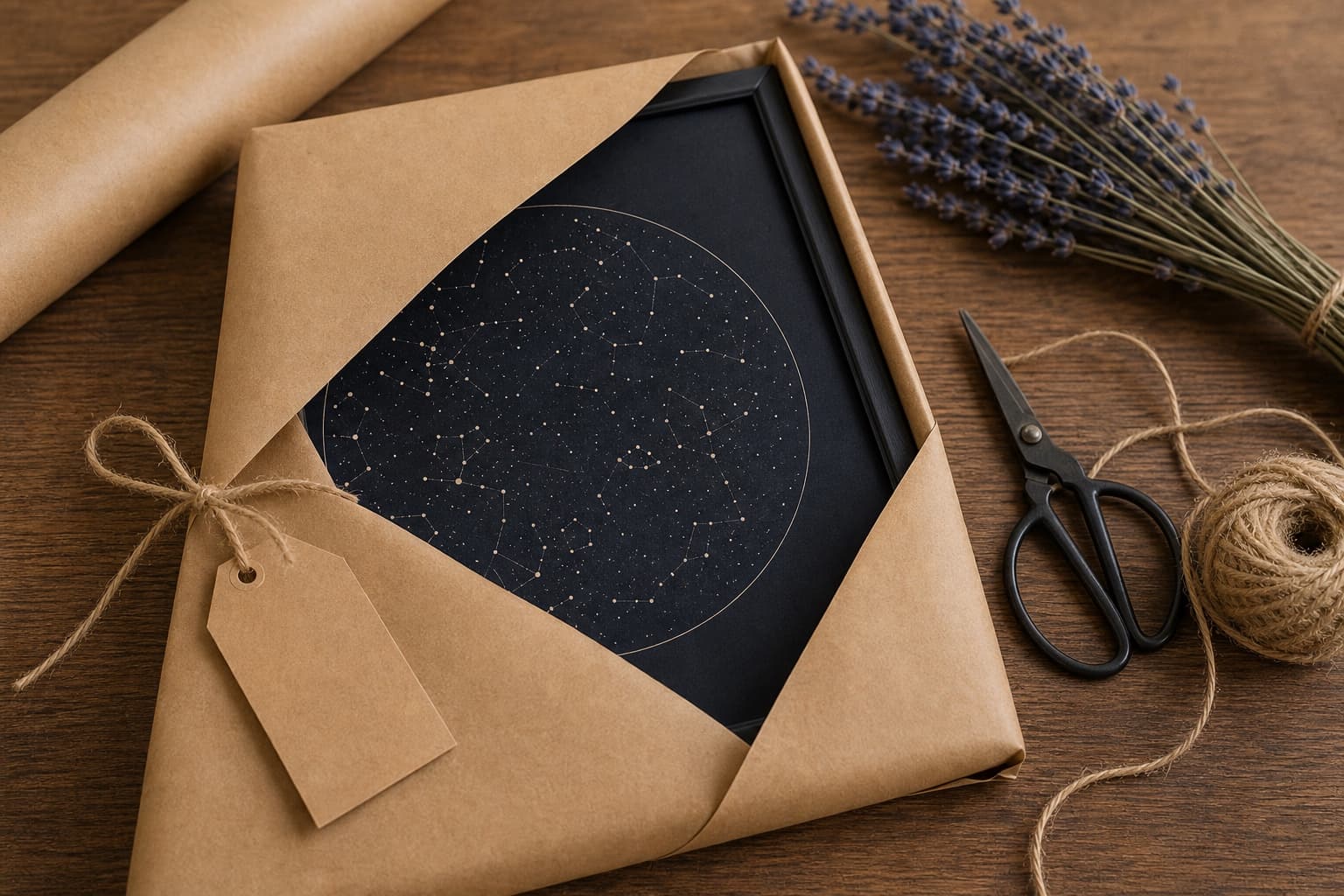 A wrapped gift on a wooden surface with dried flowers
