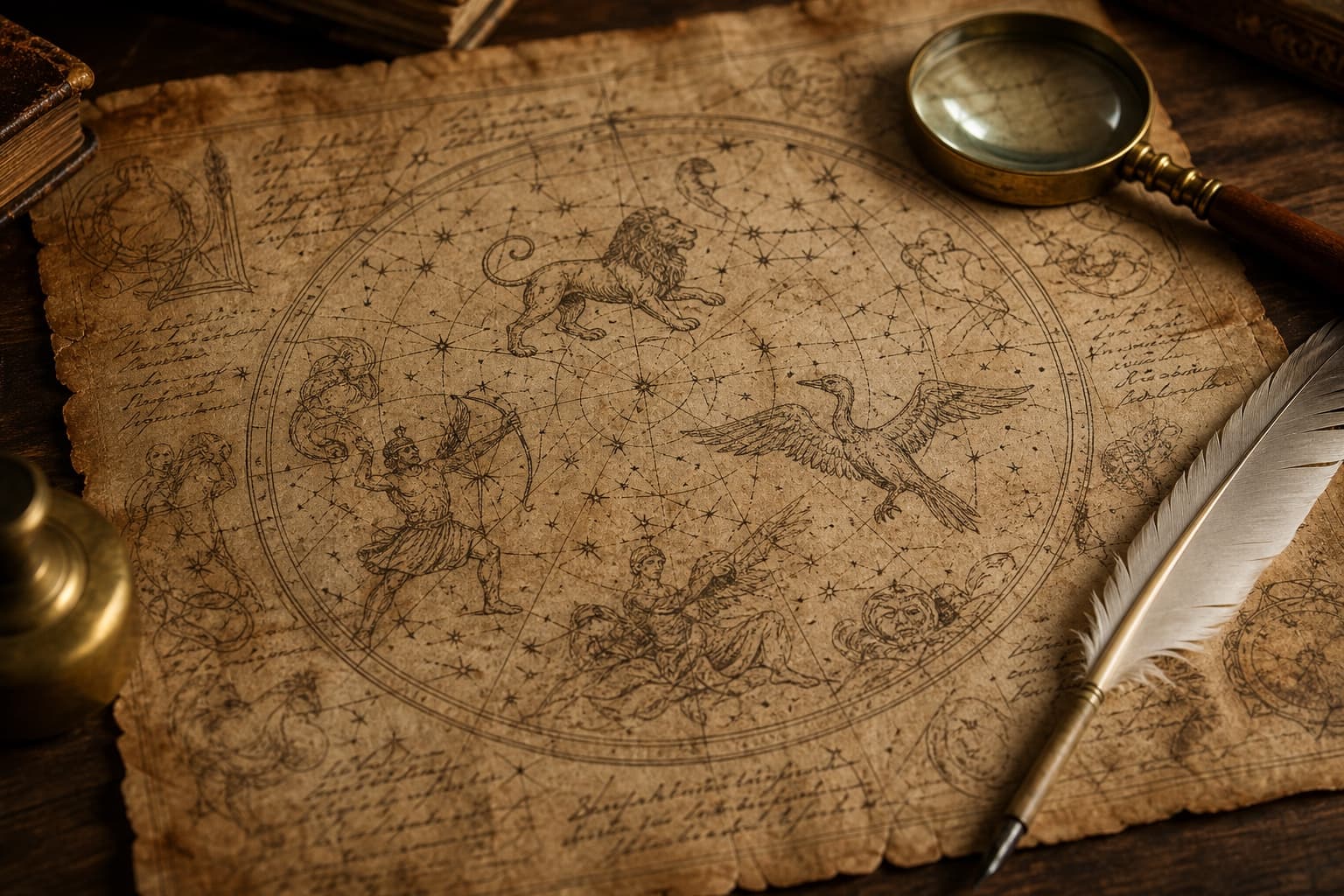 An antique hand-drawn celestial chart showing constellations on aged paper.