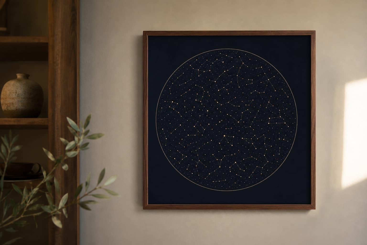 A framed sky-themed art print hanging on a softly lit wall